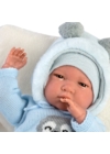 LLORENS - Reborn - limitált kiadású csecsemő kisfiú játékbaba kék, lajháros kötött ruhában, párnával - 42 cm