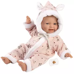 LLORENS - Luca - csecsemő kislány játékbaba rózsaszín kapucnis ruhában - 35 cm