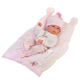 LLORENS - Bimba - csecsemő kislány játékbaba rózsaszín párnával és nyuszis pulcsival - 35 cm