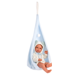 LLORENS - Bimbo - csecsemő kisfiú játékbaba kék fészekhintában - 35 cm