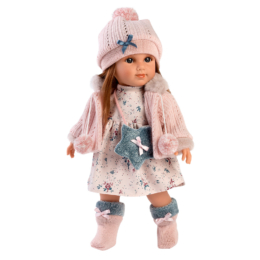 LLORENS - Nicole - kislány játékbaba vörösesbarna hajjal és csillagos táskával- 35 cm