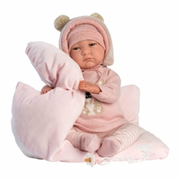 LLORENS - Reborn - limitált kiadású csecsemő kislány játékbaba rókamintás kötött ruhában, párnával - 42 cm