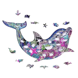 Fa puzzle, színes A4 méretű (delfin)