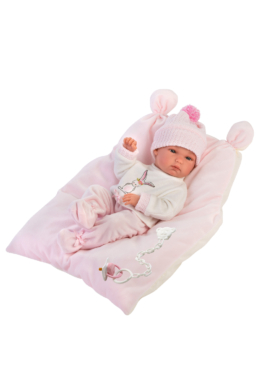 LLORENS - Bimba - csecsemő kislány játékbaba rózsaszín párnával és nyuszis pulcsival - 35 cm