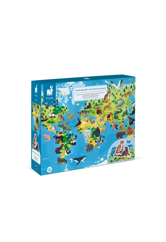 JANOD - Veszélyeztett állatok - 200 db-os puzzle bőröndben 3D figurákkal