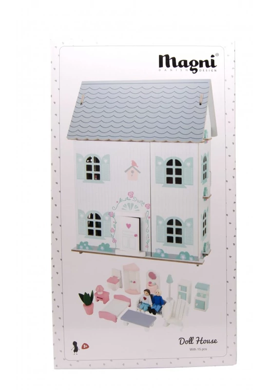 Magni - 3 szintes fa babaház bútorral, pasztell színben