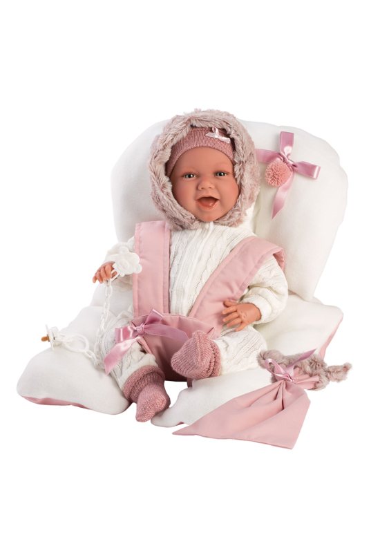 LLORENS - Mimi - csecsemő kislány játékbaba nevető funkcióval és babafotellel - 42 cm