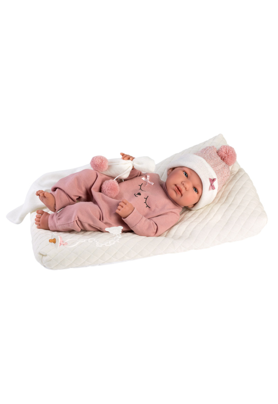 LLORENS - Tina - csecsemő kislány játékbaba párnával és takaróval, fürdethető- 43 cm