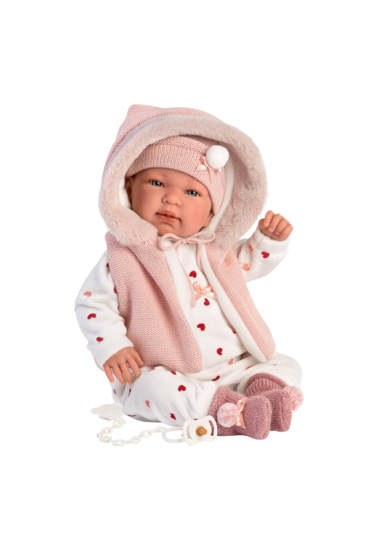 LLORENS - Tina - csecsemő kislány játékbaba síró funkcióval és kapucnis mellénnyel - 44 cm
