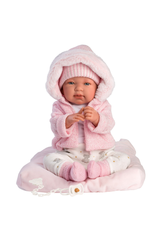 LLORENS - Tina - csecsemő kislány játékbaba síró funkcióval, rózsaszín párnával - 44 cm