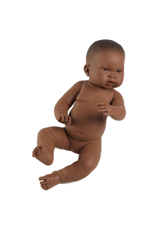 LLORENS - Zuri - barna bőrű újszülött kislány játékbaba ruha nélkül - 45 cm