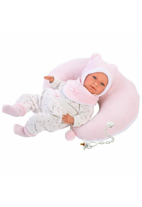 LLORENS - Mimi - csecsemő kislány játékbaba nevető funkcióval és holdacska alakú párnával - 42 cm