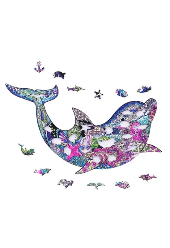 Fa puzzle, színes A4 méretű (delfin)